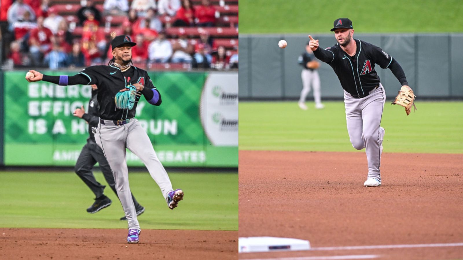 Ketel Marte and Christian Walker both throw the ball to first base.